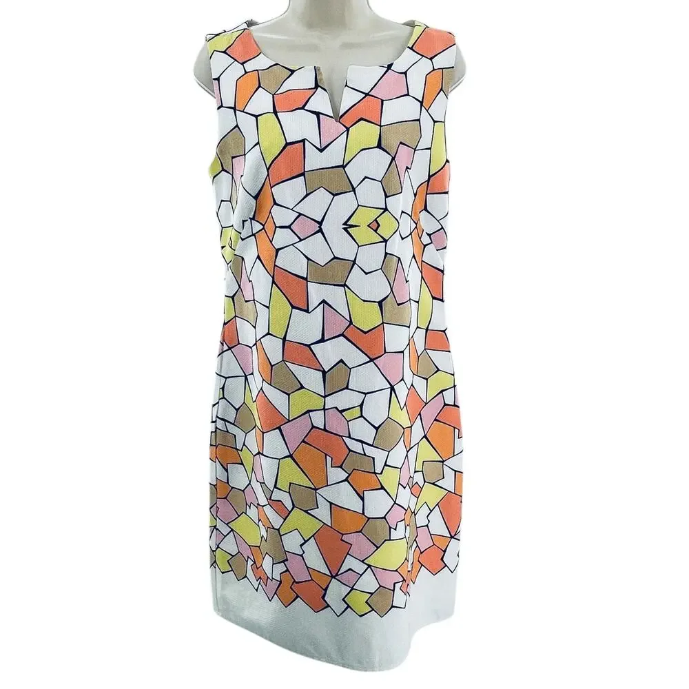 Cece's New York White Yellow Abstract 70s Vibe Sleeveless Lined Shift Dress 6 - Picture 2 of 9